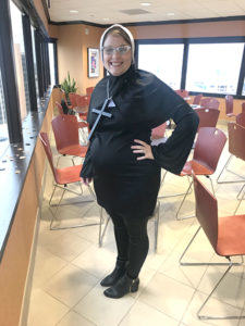 Receptionist Rachel Schones in her First Place costume