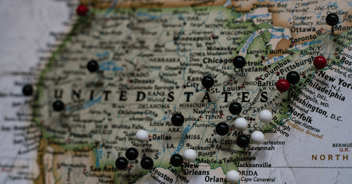 A map of the United States shows pins where a business owner is looking to conduct business in other states.