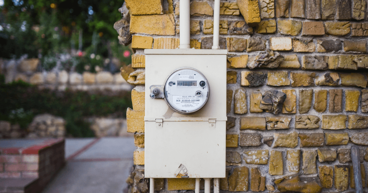 A utility meter shows the current reading of electricity for a home, used to determine the rate of the customer's bill.