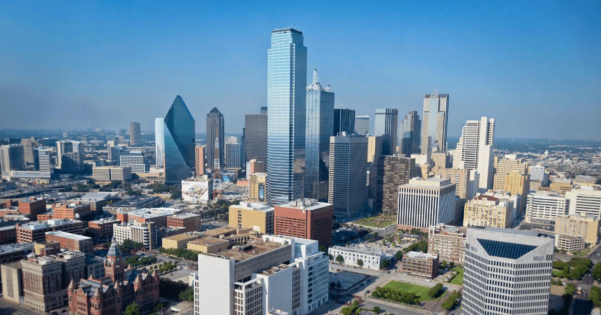 An aerial image of the Dallas skyline