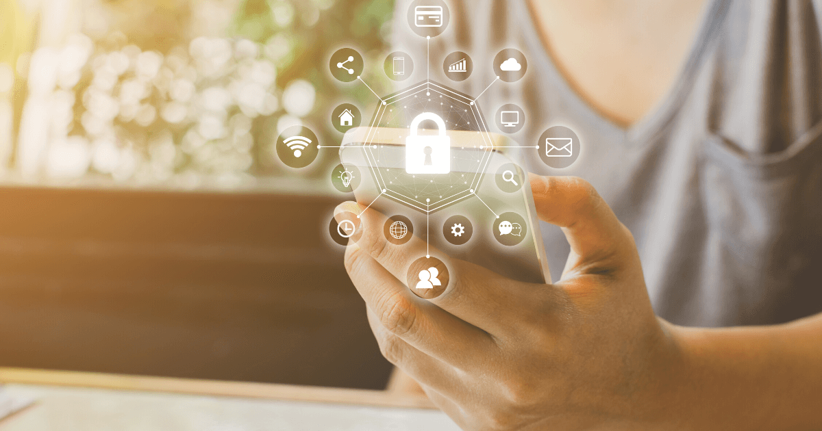 An icon of a lock hovers over an image of a woman holding her phone, signifying security and data protection