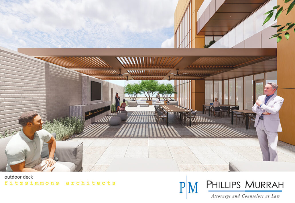Outdoor deck rendering of new Phillips Murrah building in Midtown