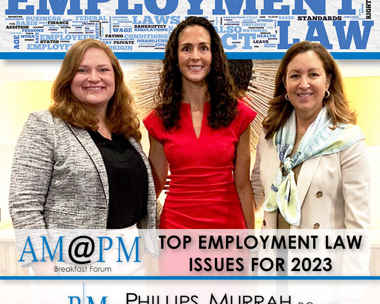 The image is depicting a breakfast forum discussing employment law issues for 2023, with a focus on federal laws prohibiting discrimination and providing protection for workers in areas such as wages, working conditions, and disabilities.