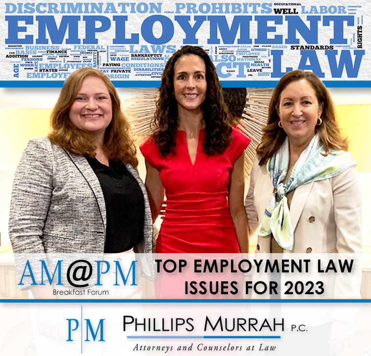 The image is depicting a breakfast forum discussing employment law issues for 2023, with a focus on federal laws prohibiting discrimination and providing protection for workers in areas such as wages, working conditions, and disabilities.