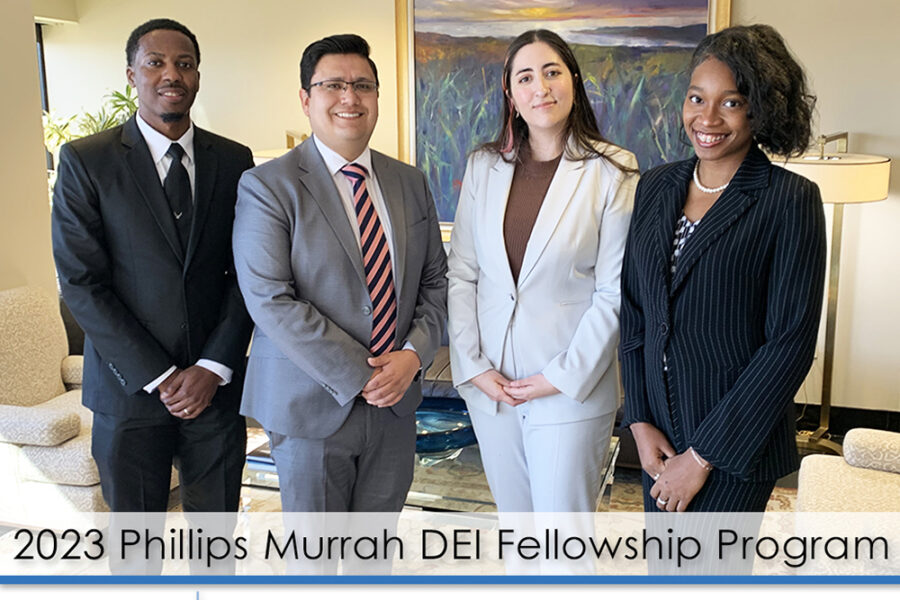 graphic showing 4 law students in a law firm lobby.