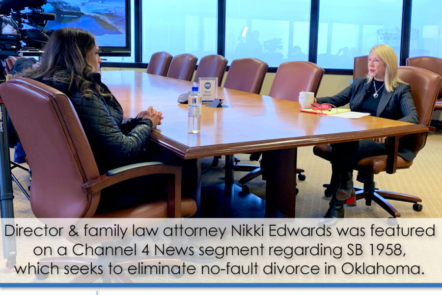 Attorney Nikki Edwards talks to KFOR reporter in Phillips Murrah conference room.