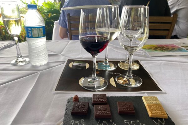 Wine and chocolate snacks on a table.