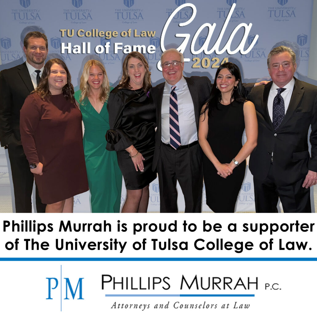 Graphic featuring seven attorneys posing for a photograph at a Tulsa College of Law gala.