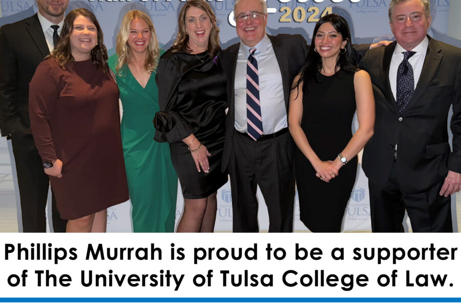 Graphic featuring seven attorneys posing for a photograph at a Tulsa College of Law gala.