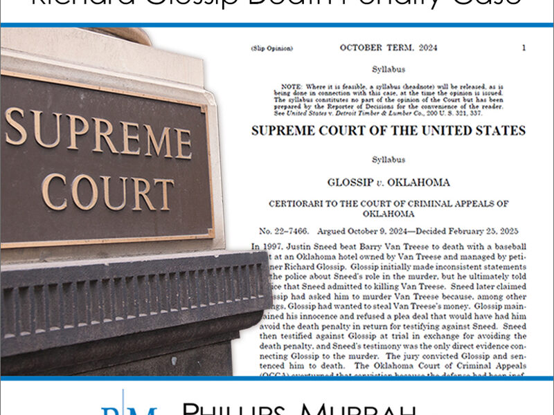Web Graphic for Glossip SCOTUS ruling showing supreme court sign and ruling document.