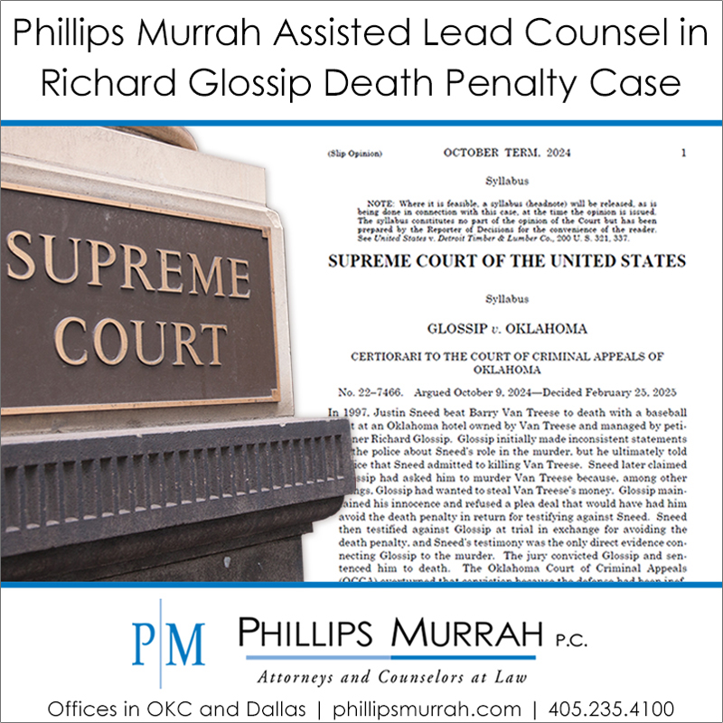 Web Graphic for Glossip SCOTUS ruling showing supreme court sign and ruling document.