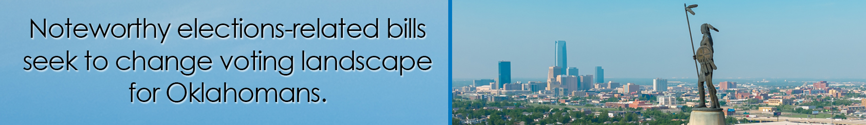 graphic of statue atop Oklahoma Capital showing OKC skyline in background