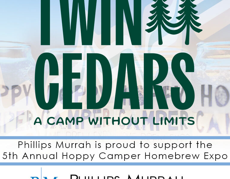 Twin Cedars Logo with text reading Phillips Murrah is proud to support the 5th Annual Hoppy Camper Homebrew Expo