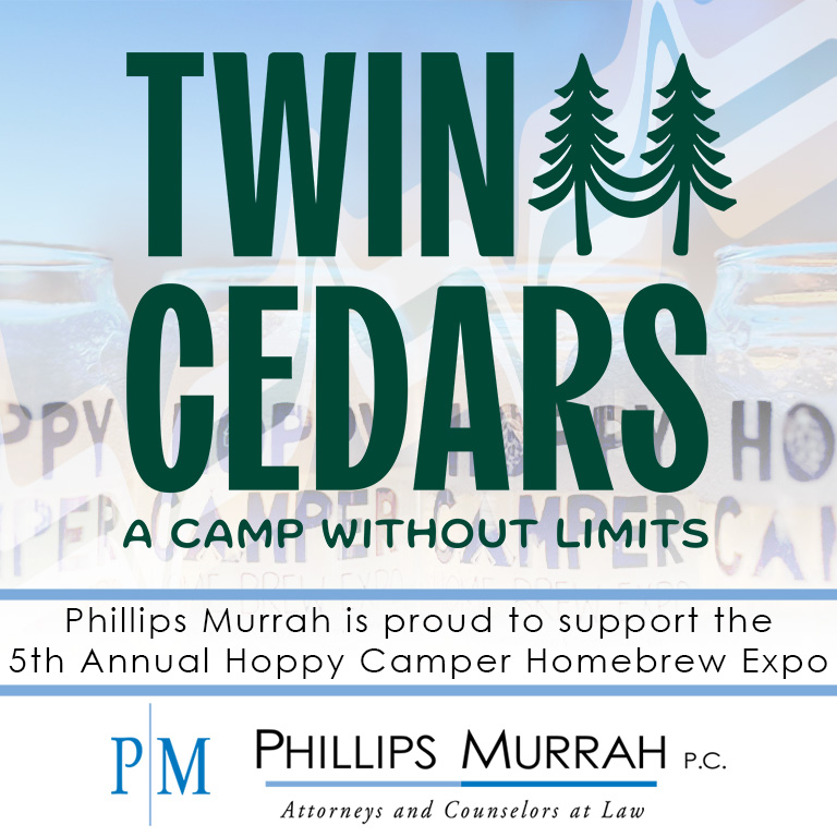 Twin Cedars Logo with text reading Phillips Murrah is proud to support the 5th Annual Hoppy Camper Homebrew Expo