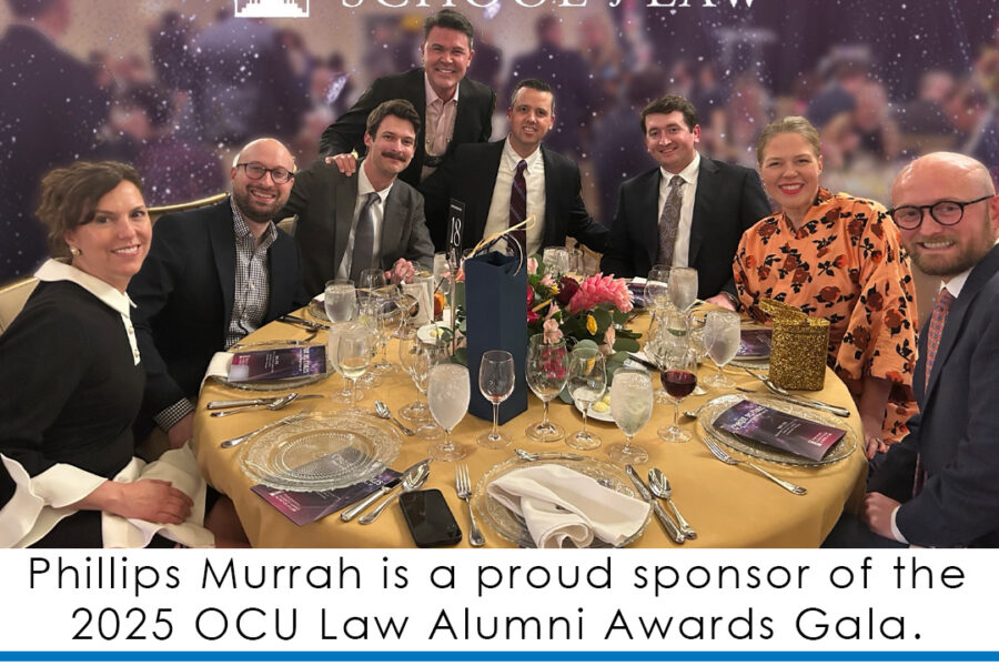 Phillips Murrah Photo of Attorneys Christin Mugg, Nick Candido, Max West, Jim Roth, Eric Davis, Colby Karcher, and Kelly Offut