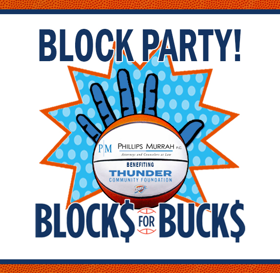 graphic display for Phillips Murrah Blocks for Bucks featuring an illustration of a hand blcking a basketball.