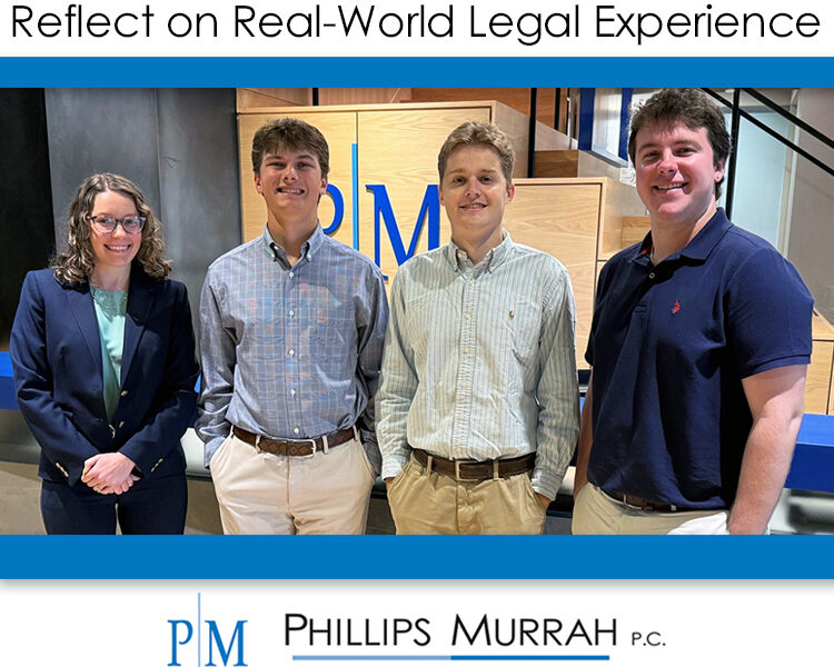 4 law students standing at the reception desk at a law firm